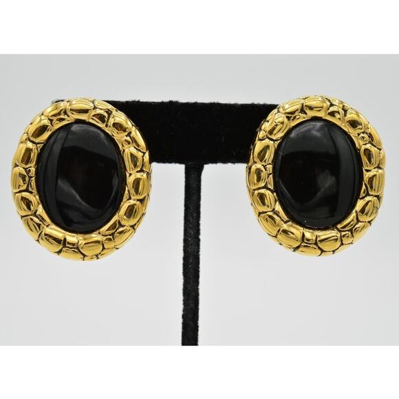 Givenchy Vintage Cabochon Clip On Earrings Black Heavy Pebbled Gold Signed BinH - Picture 1 of 11